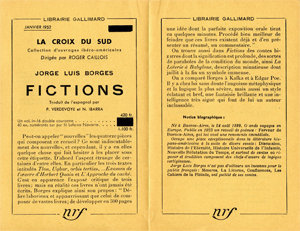 Pière d'insérer de Fictions de Jorges Luis Borges, janvier 1952. Archives Éditions Gallimard