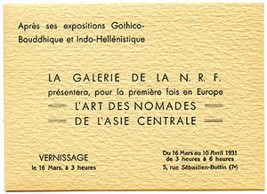 L'Art des nomades de l'Asie centrale à la Galerie de la NRF, du 16 mars au 10 avril 1931. Carton d'invitation. Archives Éditions Gallimard.