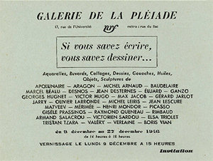 « Si vous savez écrire, vous savez dessiner... » à la Galerie de la Pléiade, du 9 au 27 décembre 1946. Carton d'invitation. Archives Éditions Gallimard.