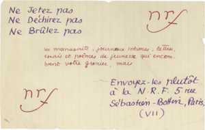 « Ne jetez pas... » Projet de prospectus, ms. aut. de Jean Paulhan. Archives Éditions Gallimard
