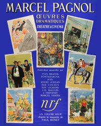 Affiche de librairie pour Œuvres dramatiques de Marcel Pagnol, relié d'après la maquette de Paul Bonet, 1954. Archives Éditions Gallimard
