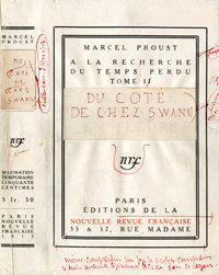 Maquette de couverture de Du côté de chez Swann de Marcel Proust, annotée par Gaston Gallimard, 1917. Archives Éditions Gallimard