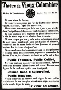 Appel du Vieux-Colombier, affiche, 1913.
