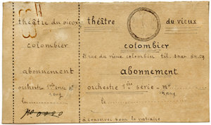 Maquette d’un carnet d’abonnement au Théâtre du Vieux-Colombier, avec bon-à-tirer ms de Gaston Gallimard, septembre-octobre 1913. Archives Éditions Gallimard